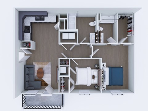Floor plan for 2 beds, 2 baths, 877 sqft